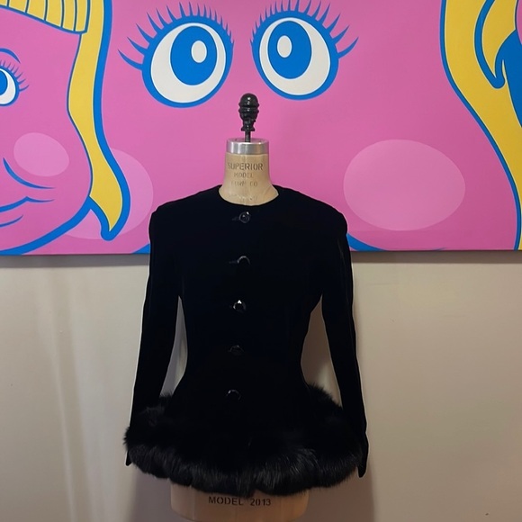 Victor Costa Black Velvet Fox Fur Trip Peplum Evening Jacket